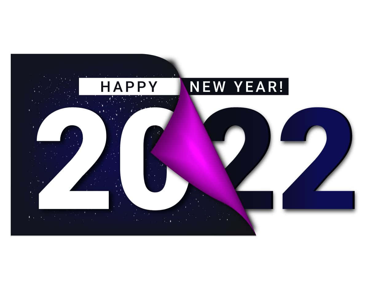 New Year 桌布 壁紙 — 一頁充滿活力的紫色頁面翻開，在繁星點點的夜空上，粗體2022數字後面顯現出「HAPPY NEW YEAR!」。