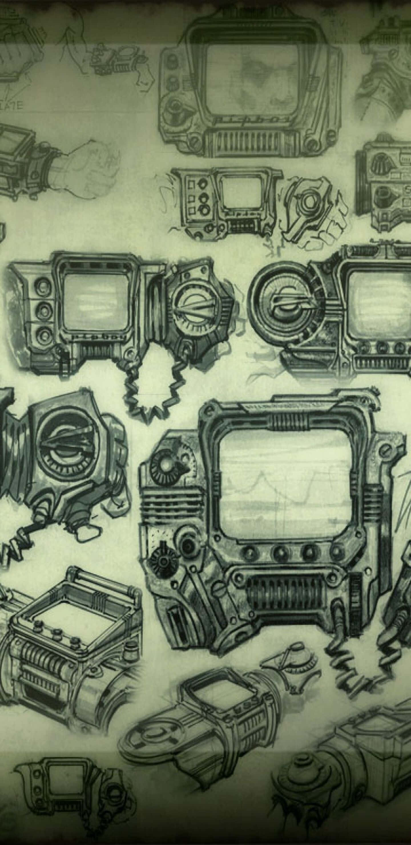 Pixel 3xl Fallout 76 桌布 壁紙 — 一頁詳細的素描本，充滿了復古未來風格的手持科技裝置的精細設計，以棕褐色調呈現。