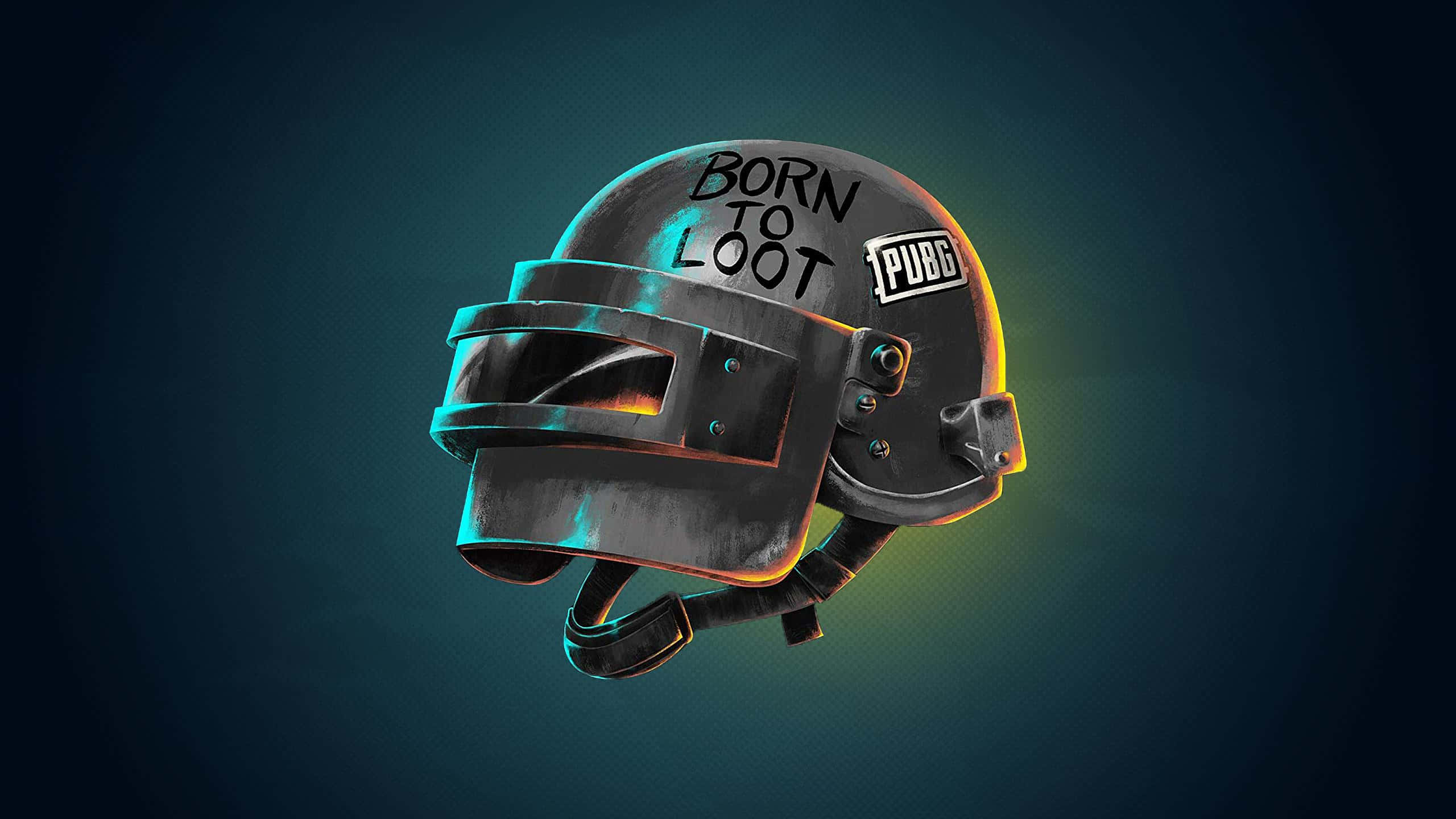 Pubg Logo 桌布 壁紙 — 一頂亮面黑色 PUBG 頭盔，帶有 'BORN TO LOOT' 塗鴉，在深色漸變背景上散發著霓虹藍和橙色亮點。