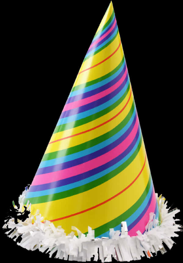 Birthday 桌布 壁紙 — 一頂充滿活力的彩虹條紋派對帽，帶有白色流蘇，孤立地立在黑色背景前。