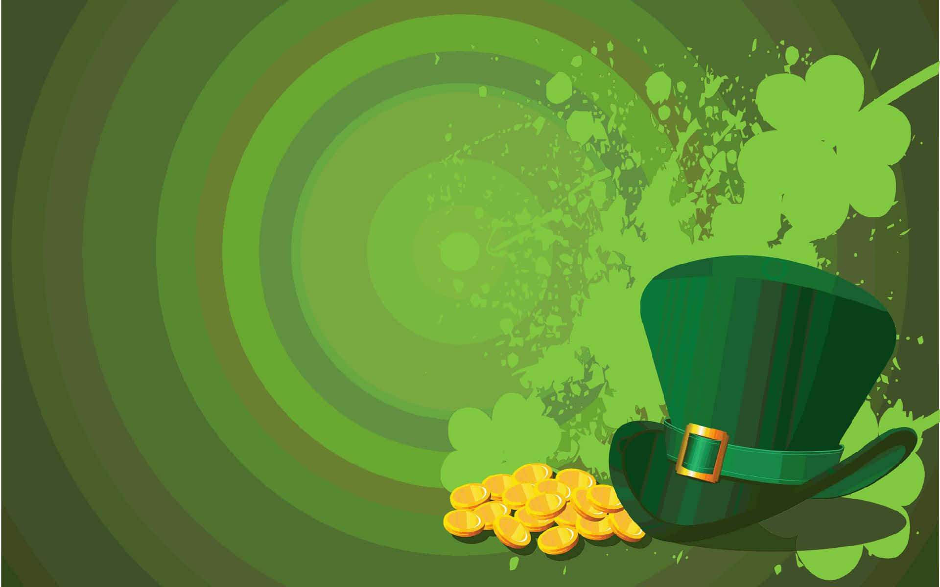 Saint Patricks Day 桌布 壁紙 — 一頂充滿活力的綠色小妖精帽，飾有金幣和三葉草，從旋轉的綠色背景中迸發而出。