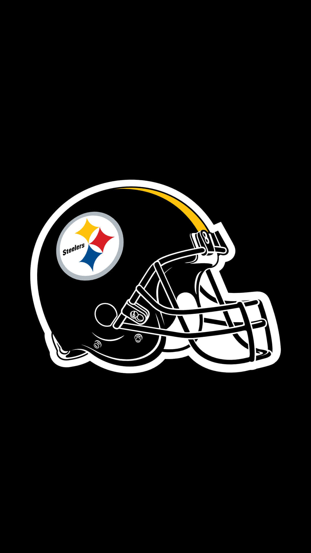 Steelers iPhone 桌布 壁紙 — 一頂大膽的匹茲堡鋼人隊黑色美式足球頭盔，帶有黃色條紋和球隊標誌，在純黑色背景上格外突出。