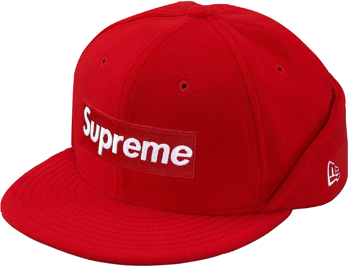 supreme 桌布 壁紙 — 一頂大膽的紅色Supreme品牌帽子，帶有白色標誌貼片和New Era標籤，背景為黑色。
