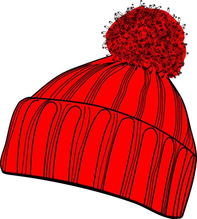 Beanie 桌布 壁紙 — 一頂大膽的紅色毛帽，帶有黑色輪廓的毛絨絨球，襯托在純黑背景上。