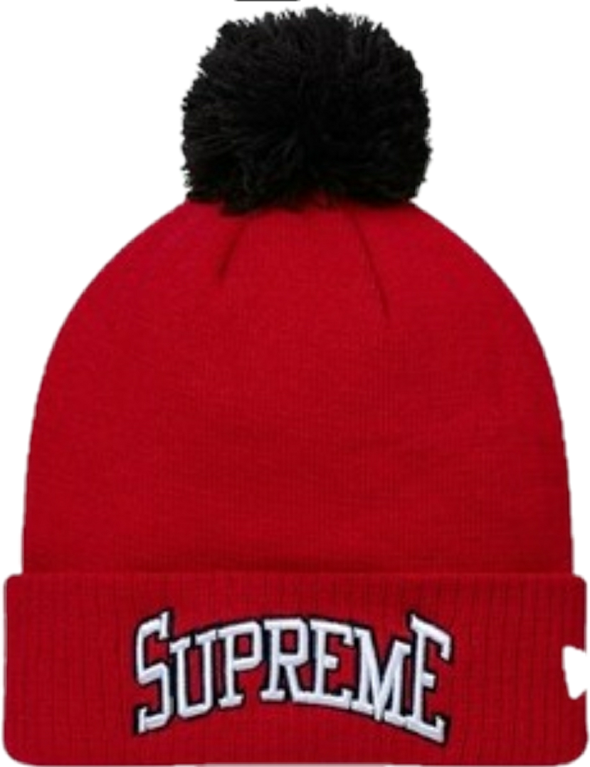 supreme 桌布 壁紙 — 一頂大膽的紅色針織無邊帽，帶有黑色絨球和袖口上白色刺繡的Supreme標誌。