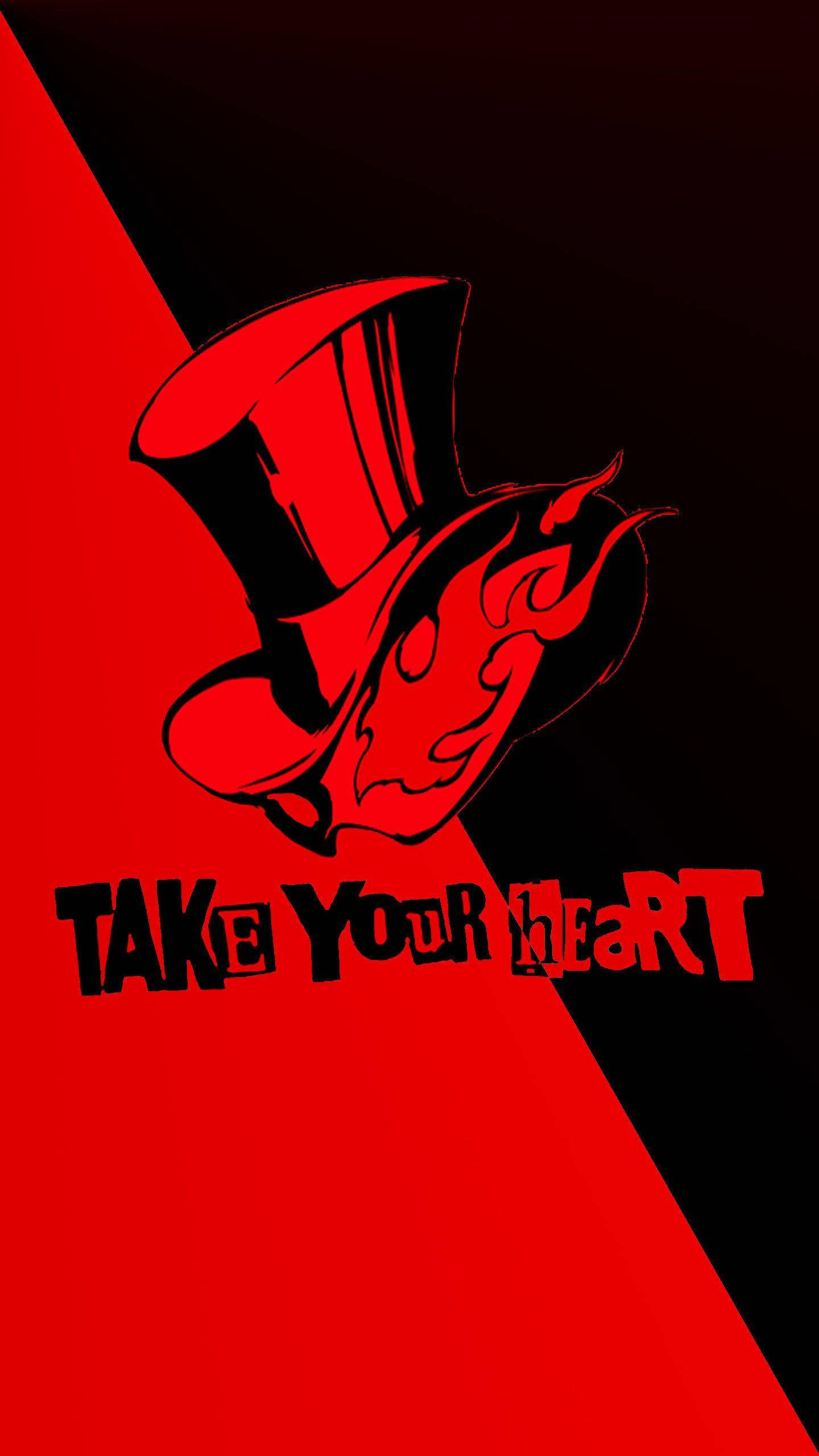 Persona 5 Phone 桌布 壁紙 — 一頂大膽的紅色高帽，帶有火焰裝飾和「TAKE YOUR HEART」文字，背景為紅黑分割色。