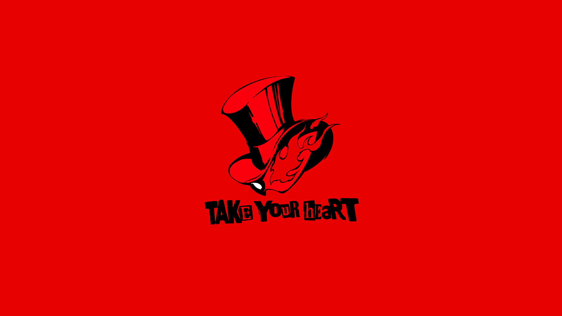 桌布 壁紙 — 一頂大膽的紅色高頂帽，帶有火焰心形設計和文字 take your heart，背景為純紅色。