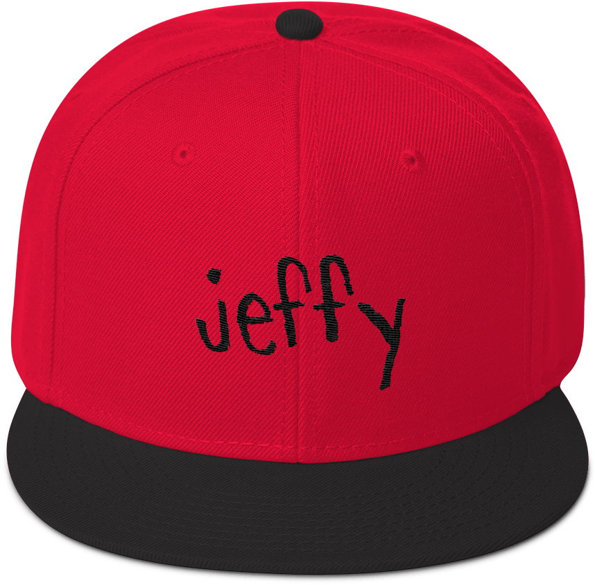 Jeffy 桌布 壁紙 — 一頂大膽的紅黑 snapback 帽，前面板上用黑色字體繡有名字 'jeffy'。