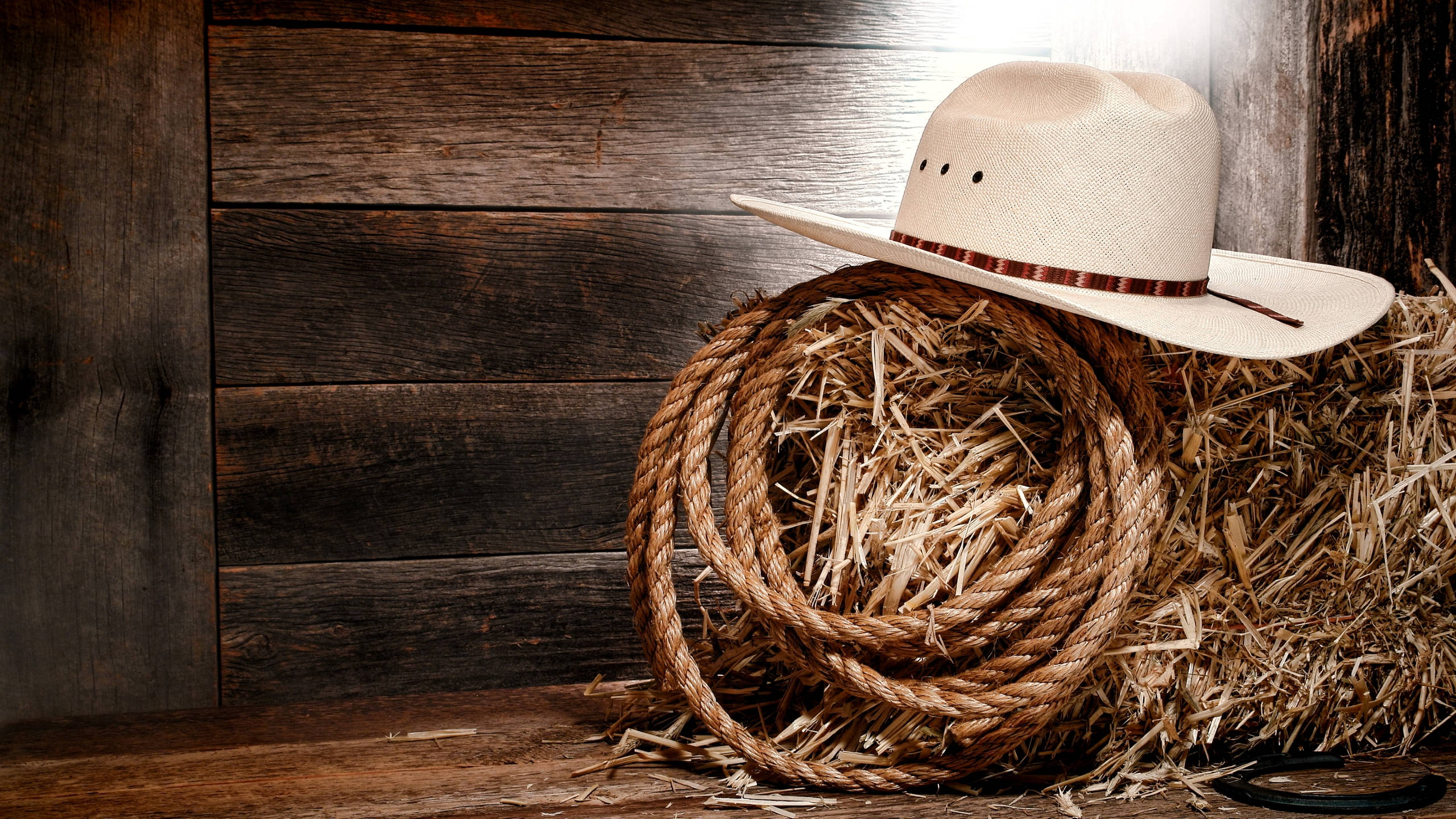 Cowboy 桌布 壁紙 — 一頂奶油色牛仔帽擱在一條盤繞的繩索上，旁邊有一個乾草捆，背景是風化的木板。