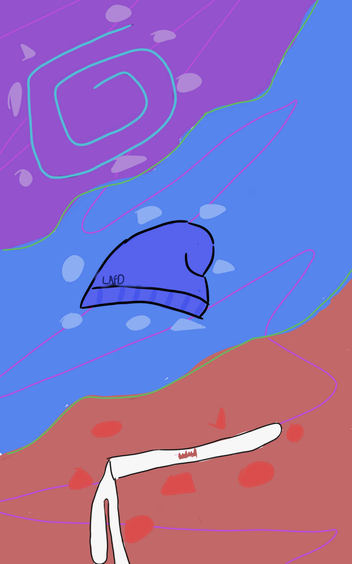 Friends Aesthetic 桌布 壁紙 — 一頂帶有「LAFD」字樣的藍色毛帽漂浮在抽象紫色、藍色和紅色水彩漩渦中，伴有浮動氣泡。
