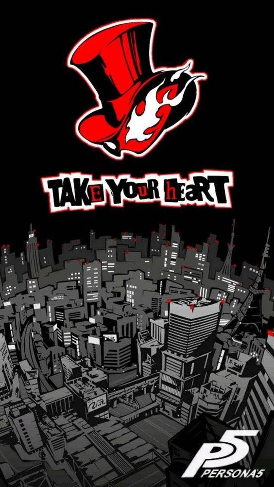 Persona 5 Phone 桌布 壁紙 — 一頂帶有火焰心形標誌的紅色高帽，懸浮在黑色天空下的單色城市景觀之上。