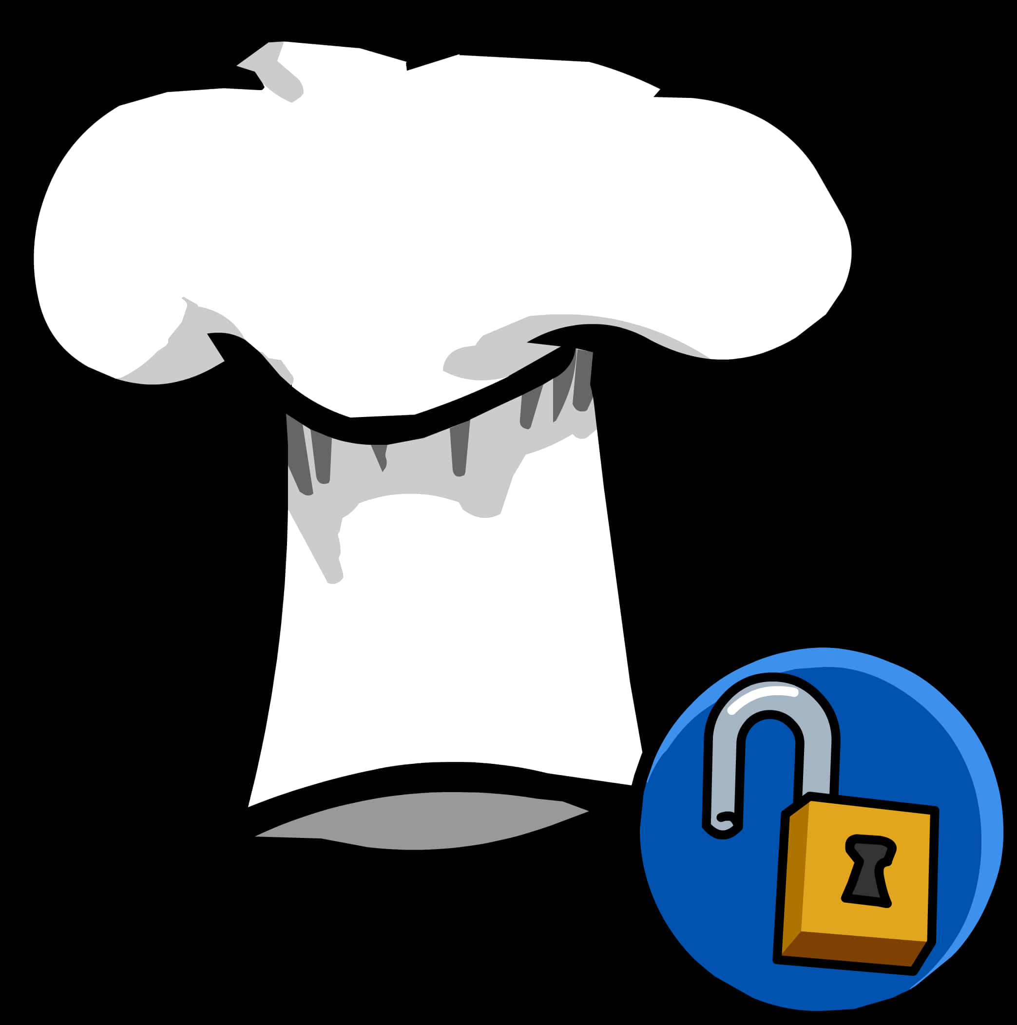 Chef 桌布 壁紙 — 一頂帶有灰色陰影的白色廚師帽，站在黑色背景上一個打開的掛鎖圖標旁邊。