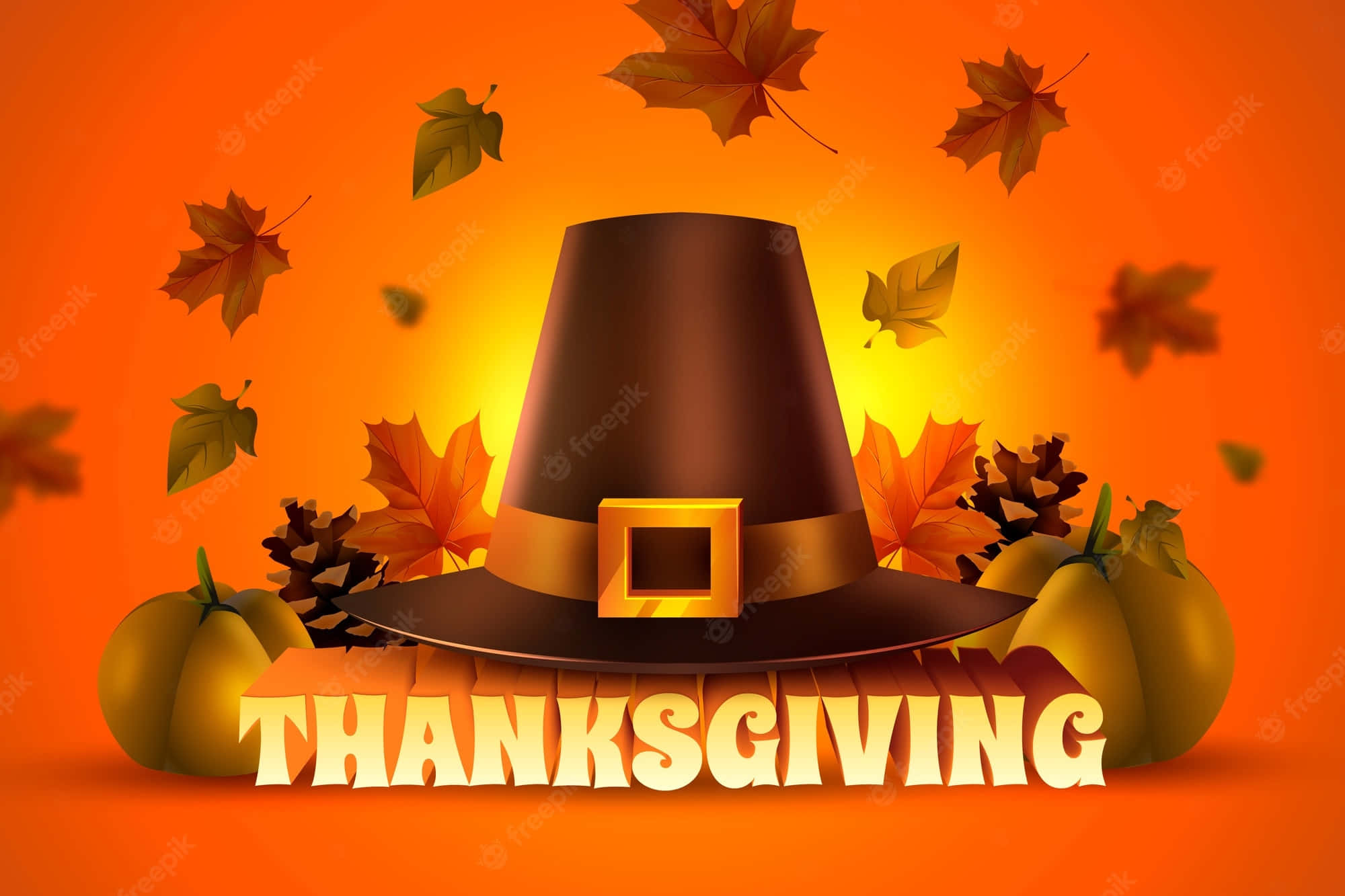 Fall Thanksgiving 桌布 壁紙 — 一頂帶有金色扣環的節日感恩節帽子放在南瓜和松果上，秋葉在溫暖的橙色日落背景下旋轉。