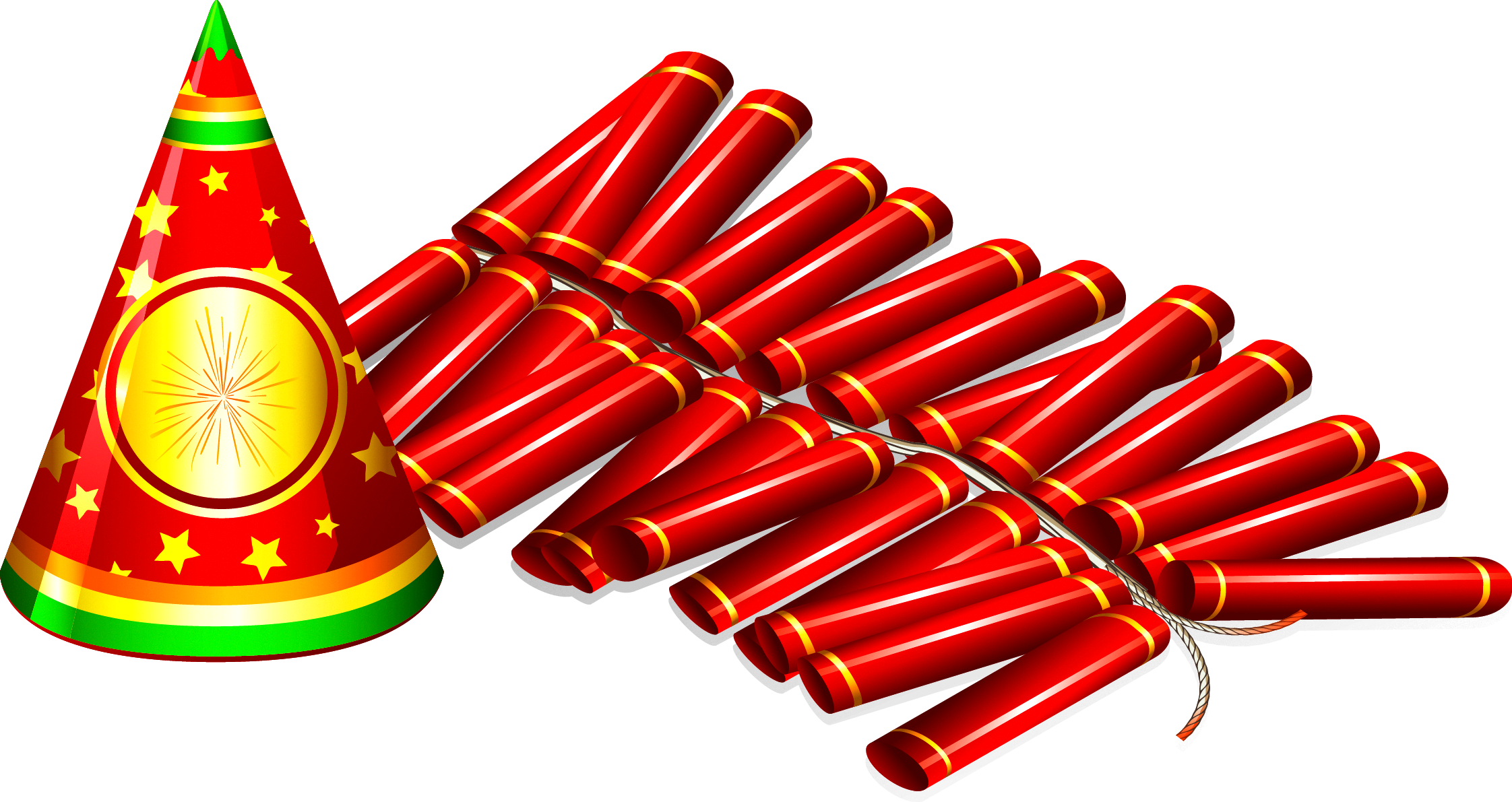 Diwali Fireworks 桌布 壁紙 — 一頂帶有金色星星和煙火設計的節日紅色派對帽，旁邊放著一束用繩子綁著的紅色鞭炮。