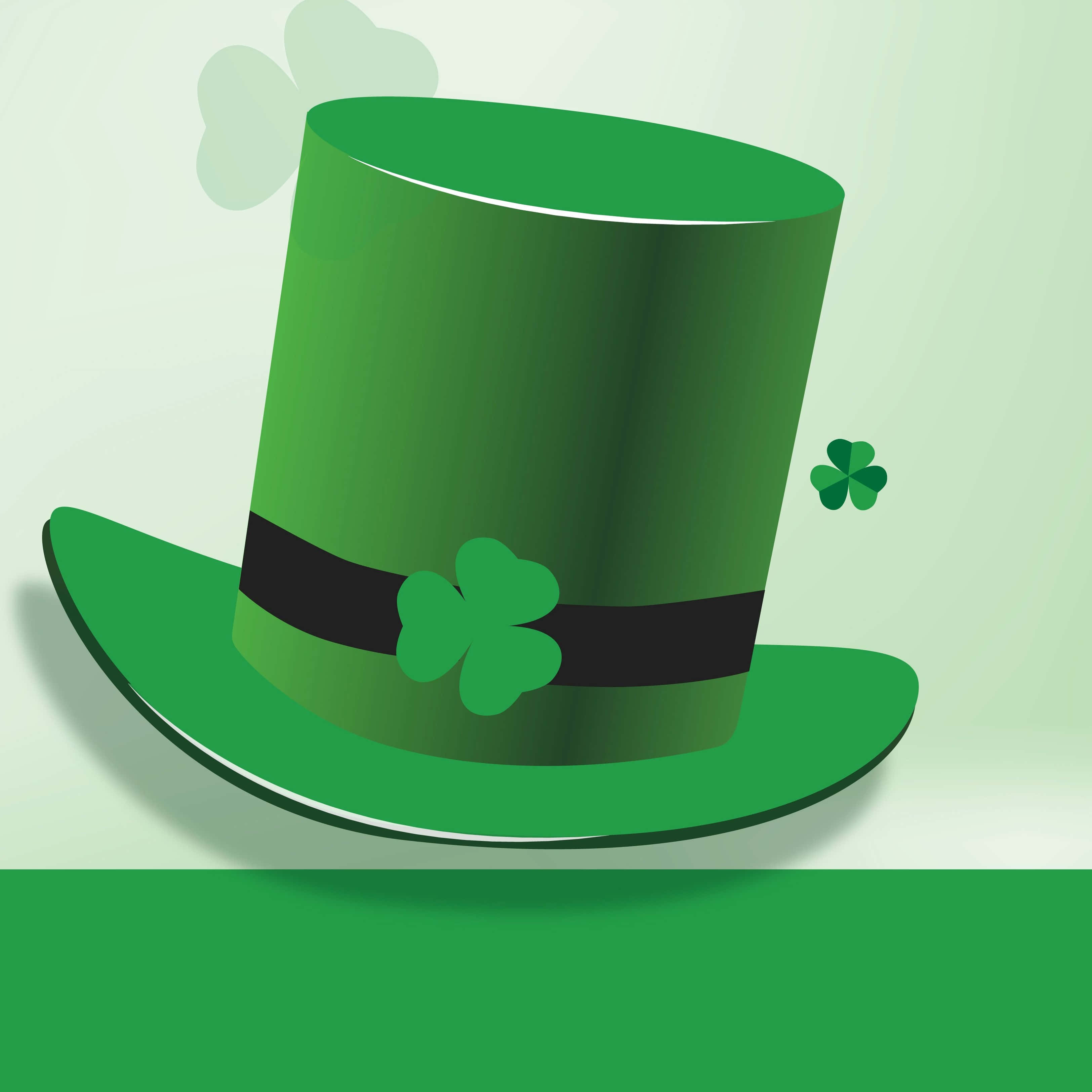 St Patrick's Day 桌布 壁紙 — 一頂帶有黑色帶子和三葉草徽章的亮綠色小妖精帽，置於柔和的綠色漸變背景上。