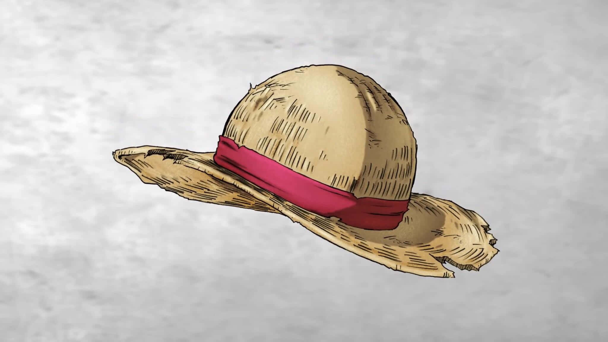 One Piece Stampede 桌布 壁紙 — 一頂手繪的草帽，帶有紅色帶子，漂浮在紋理灰色背景上。