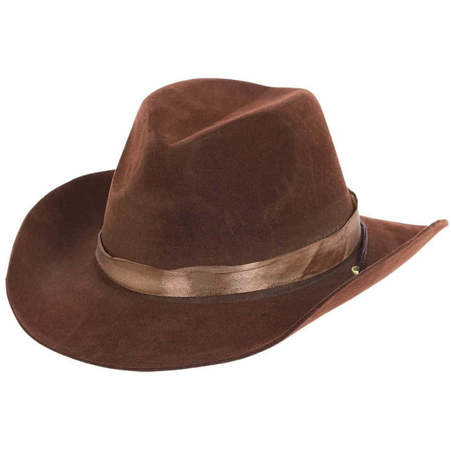 Cowboy Hat 桌布 壁紙 — 一頂棕色麂皮軟呢帽，帶有金屬色帶和一個小金扣，置於純白色背景上。