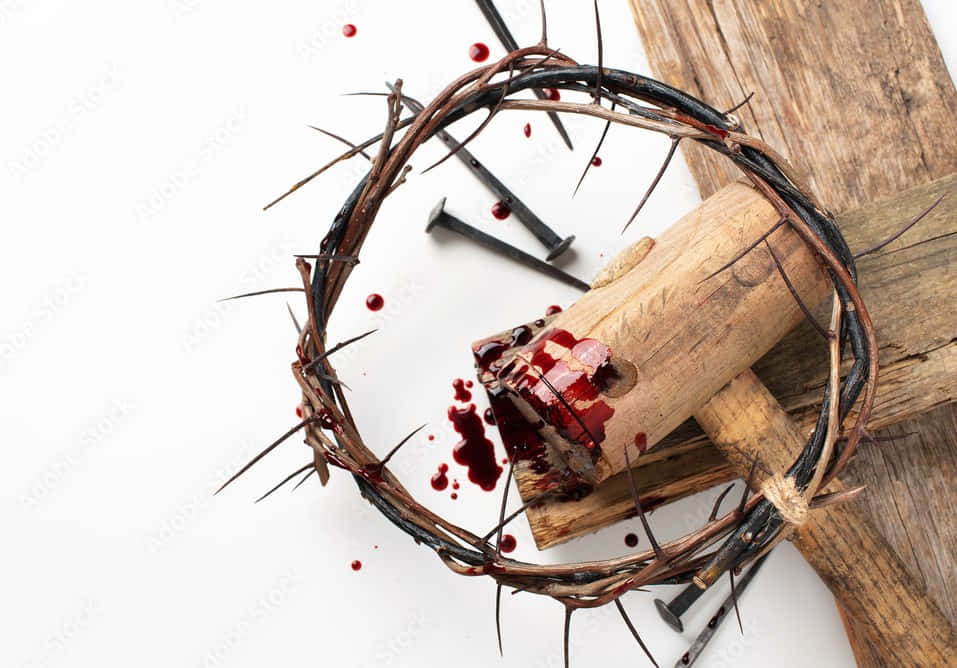 Jesus Crown Of Thorns 桌布 壁紙 — 一頂沾血的荊棘冠冕放在白色表面上，旁邊有一把木槌和釘子。