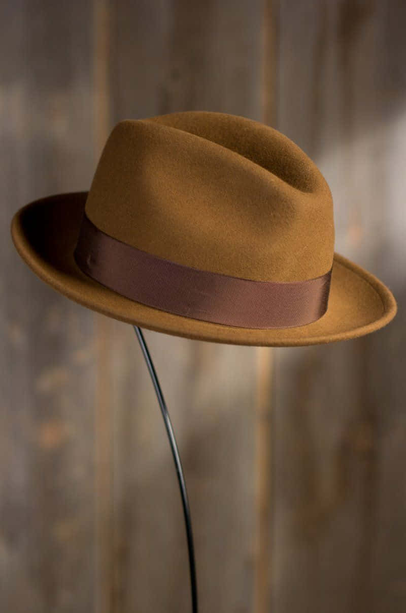 Hat 桌布 壁紙 — 一頂淺褐色軟呢帽搭配棕色緞帶，優雅地掛在黑色支架上，背景是質樸的木質牆面。