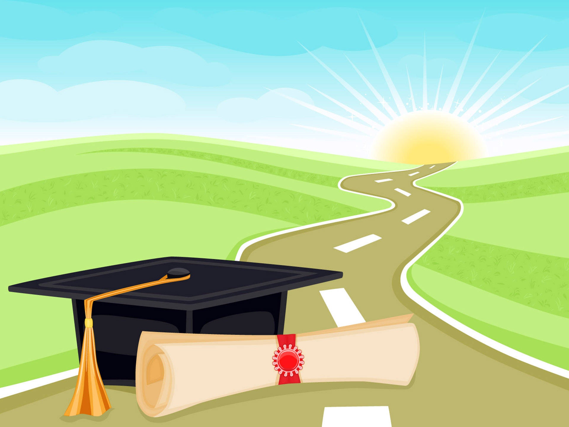 Graduation 桌布 壁紙 — 一頂畢業帽和文憑放在一條蜿蜒的道路上，通往連綿起伏的綠色山丘上明亮的日出。