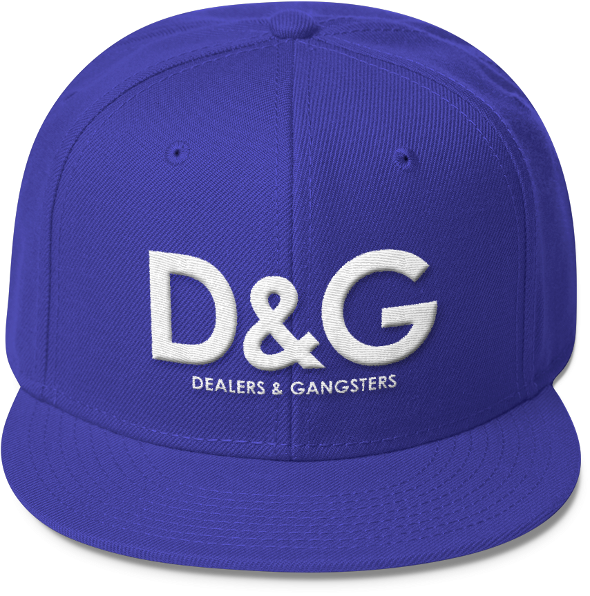 黑幫動圖 桌布 壁紙 — 一頂皇家藍色 snapback 帽，帶有醒目的白色刺繡 D&G 標誌和文字 dealers & gangsters。