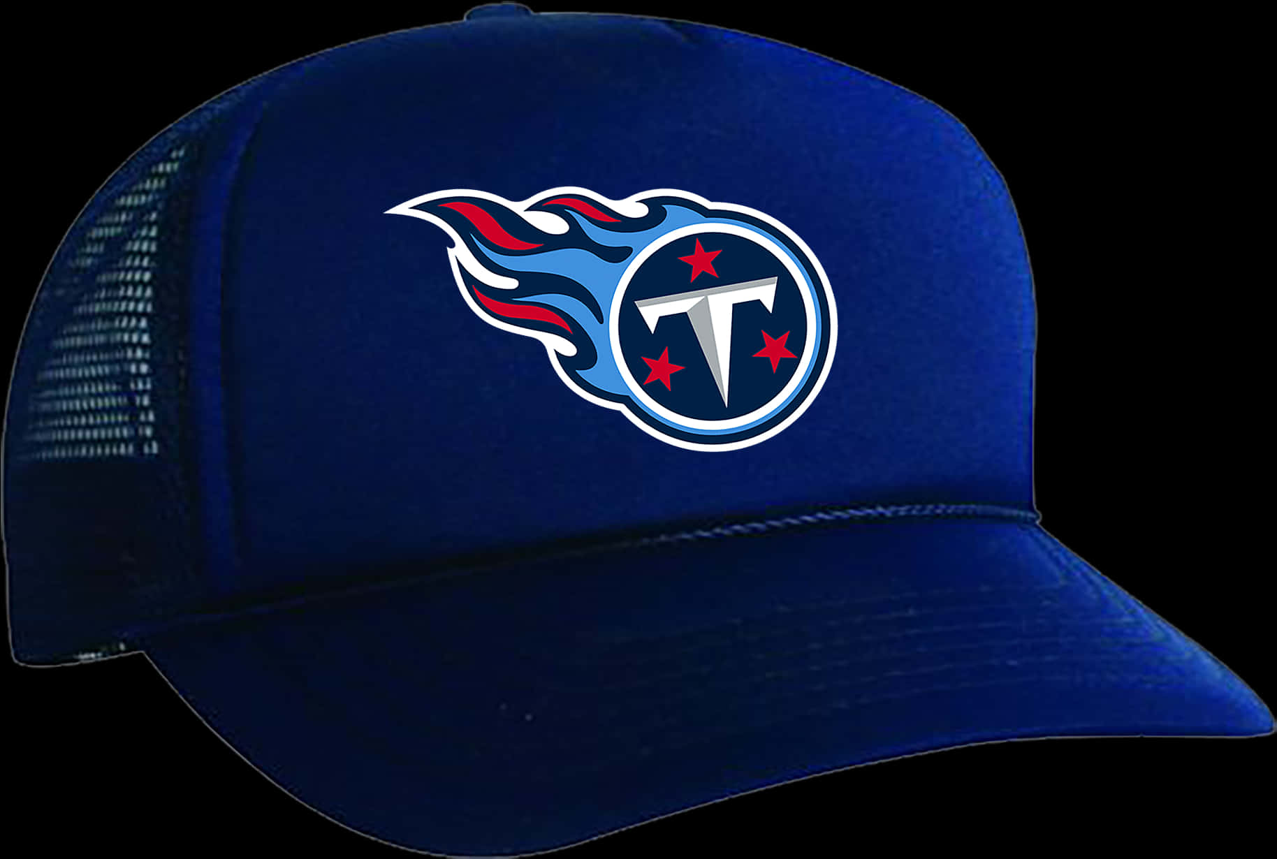 Titans Logo 桌布 壁紙 — 一頂皇家藍色卡車司機帽，帶有田納西泰坦隊標誌，背景為黑色。