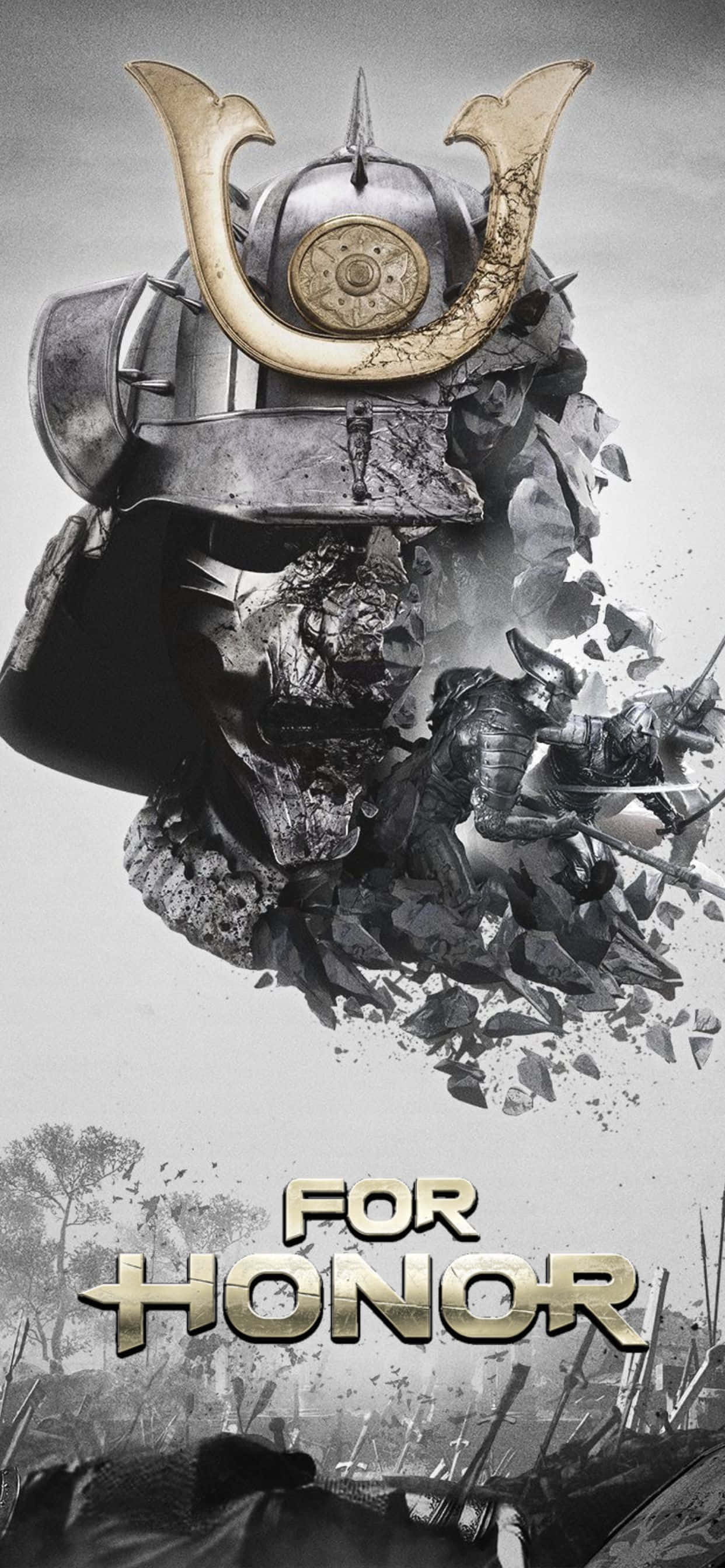 iPhone Xs Max For Honor 桌布 壁紙 — 一頂破碎的武士頭盔，帶有金色角，主宰著《榮耀戰魂》遊戲中的單色戰場場景。