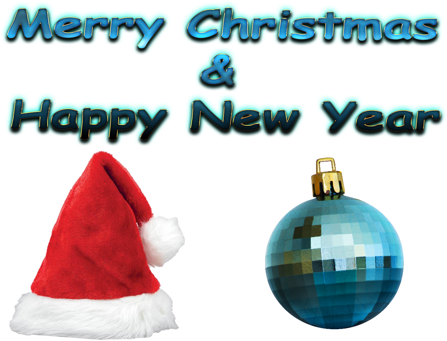 Christmas Ball 桌布 壁紙 — 一頂節日紅色聖誕帽和一個藍色迪斯可球裝飾在發光的「聖誕快樂 & 新年快樂」文字下閃耀。