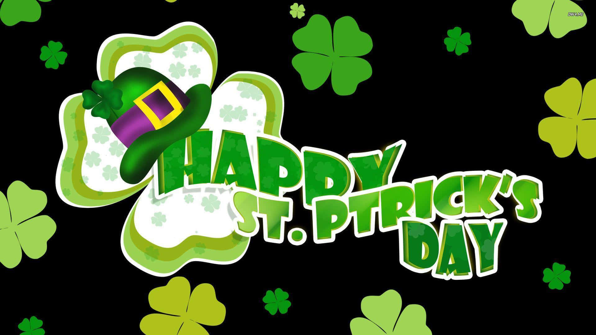 St Patrick's Day 桌布 壁紙 — 一頂節日綠色小妖精帽放在三葉草上，粗體文字寫著「HAPPY ST. PATTRICK'S DAY」，黑色背景散落著三葉草。
