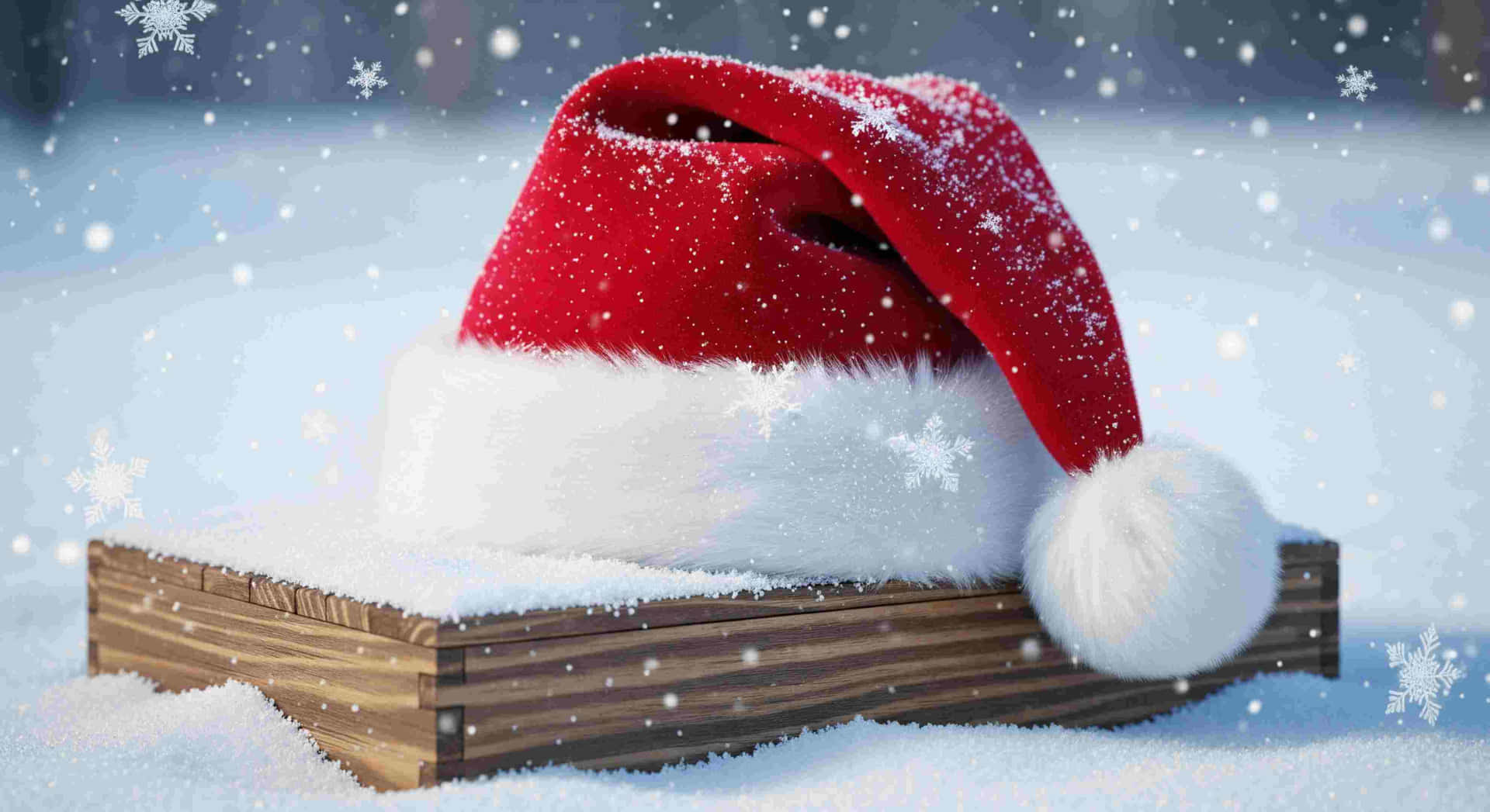 Santa Hat in a Winter Snowfall 壁紙 — 一頂紅色聖誕帽，帶有白色毛邊和雪花，放在雪地冬日場景中的木箱上。
