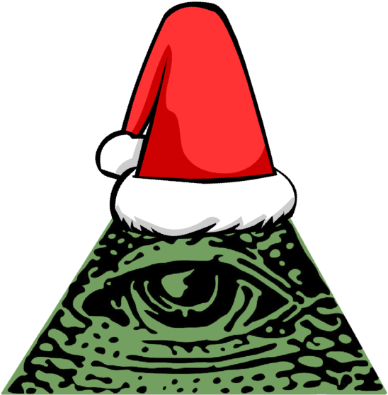 illuminati 桌布 壁紙 — 一頂紅色聖誕帽放在一個綠色金字塔上，金字塔上有粗黑線條的全知之眼符號。