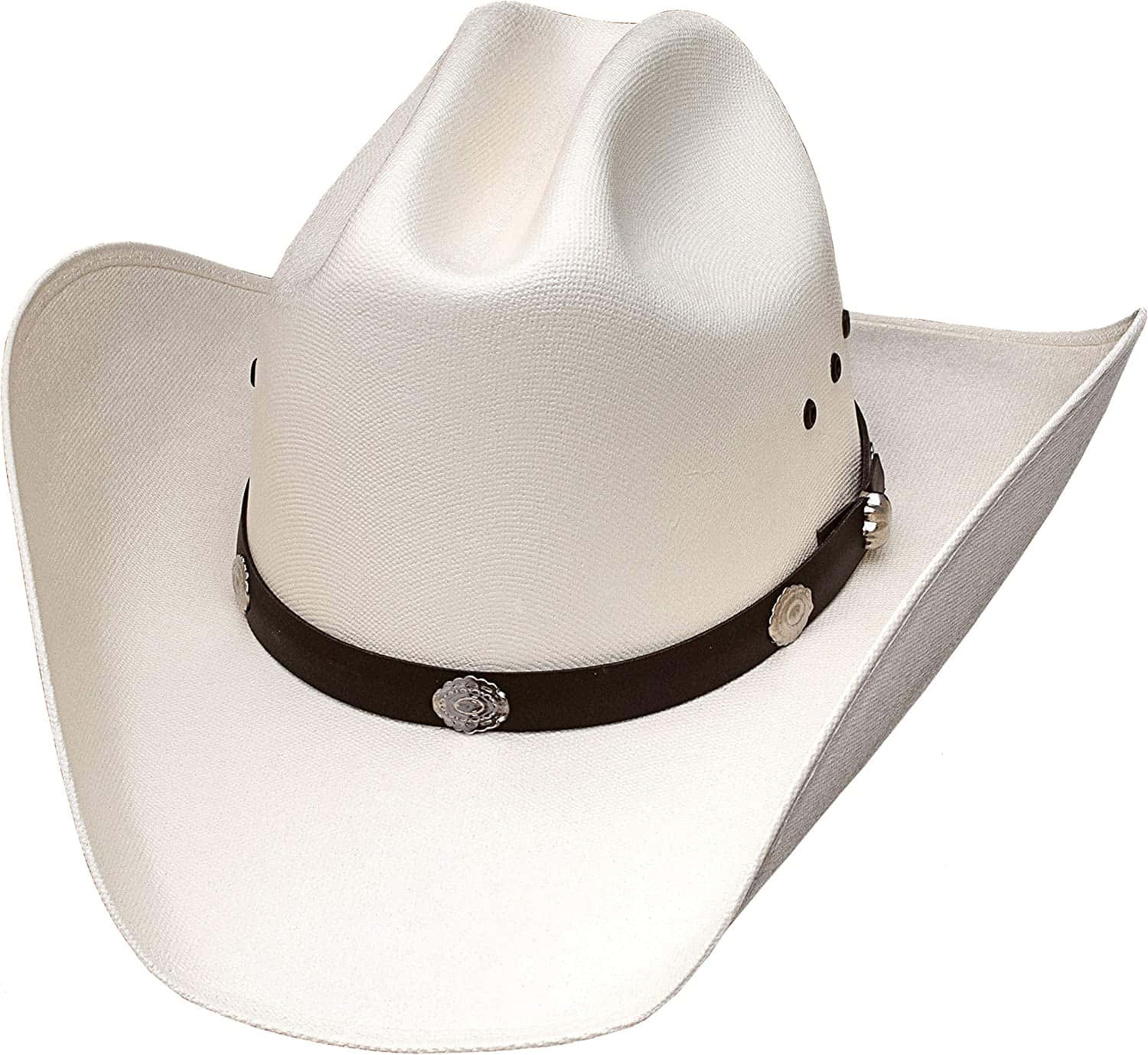 Cowboy Hat 桌布 壁紙 — 一頂純白色的牛仔帽，帶有深棕色皮革帶，飾有銀色康喬和鈴鐺，孤立在乾淨的白色背景上。