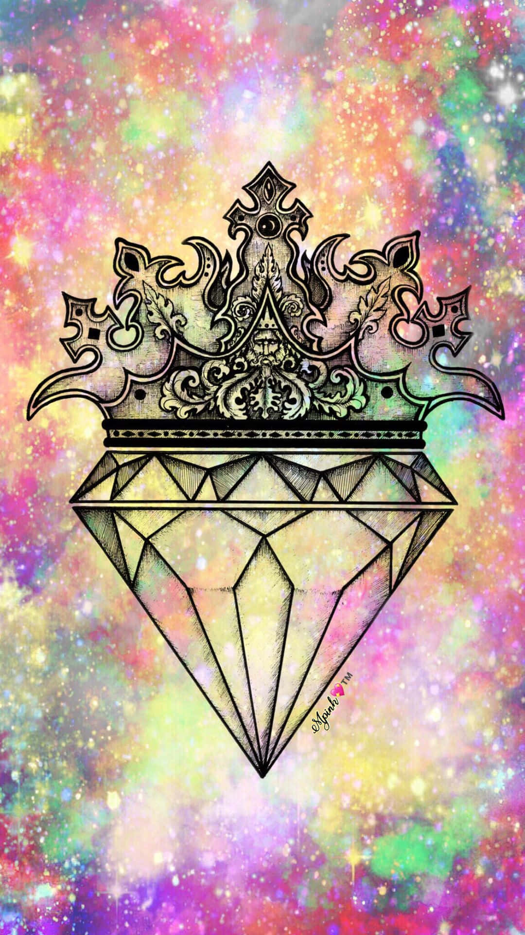 桌布 壁紙 — 一頂細節精緻的皇冠放置在幾何鑽石之上，背景是充滿閃爍星光的鮮豔宇宙星雲。