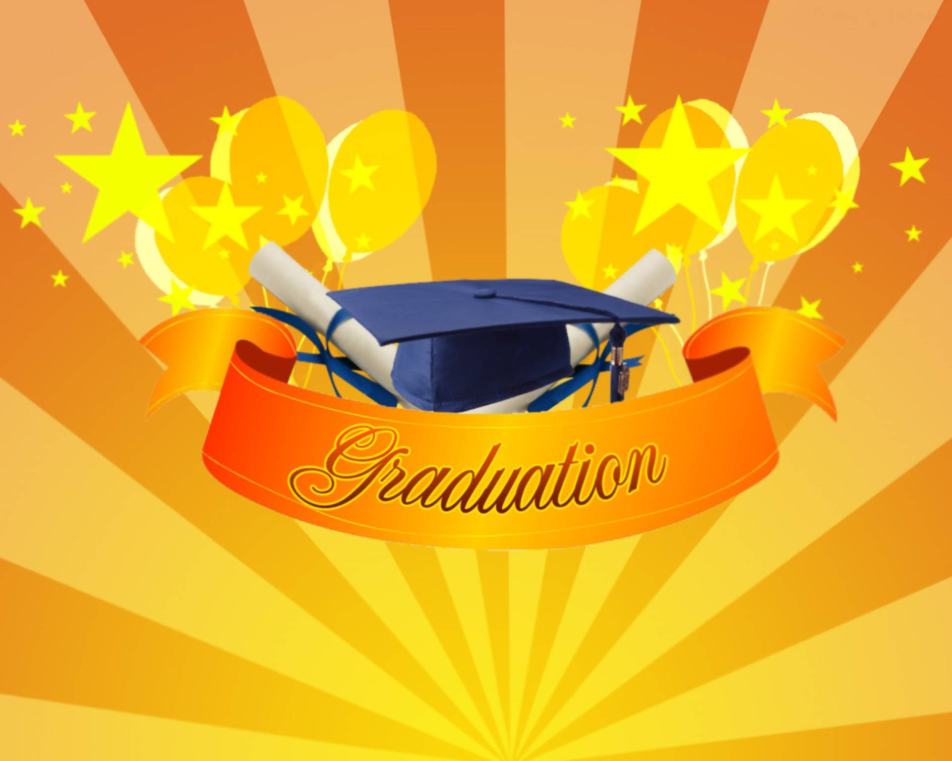 Graduation 桌布 壁紙 — 一頂色彩鮮豔的畢業帽和文憑飄浮在金色橫幅上方，背景是光芒四射的太陽光線，點綴著氣球和星星。