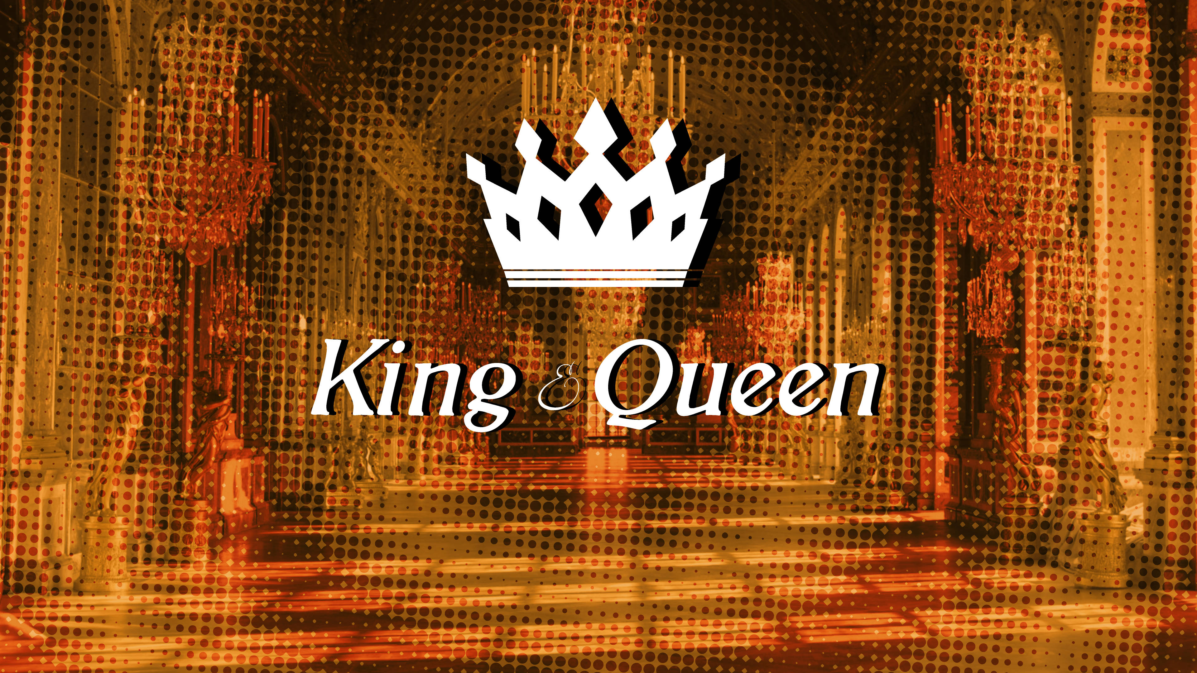 Castle 桌布 壁紙 — 一頂莊嚴的白色皇冠和「King & Queen」文字在金色半色調圖案的寶座室背景上發光。