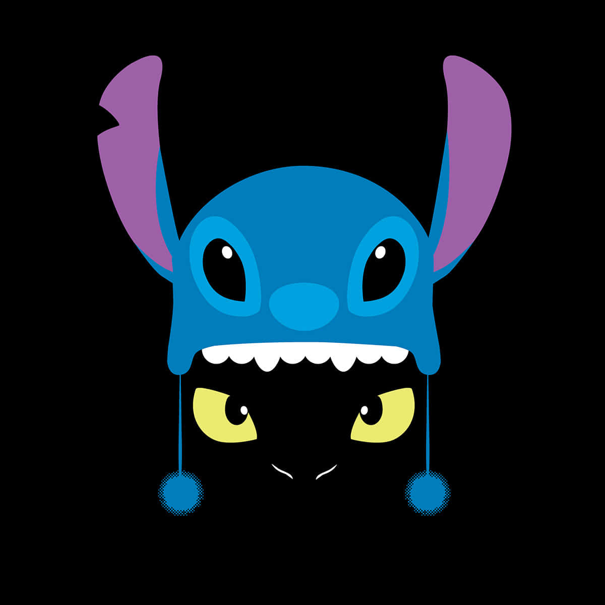 Toothless And Stitch 桌布 壁紙 — 一頂藍色史迪奇帽，有紫色耳朵和垂墜的絨球，遮住了一隻黑貓的臉，只露出發光的黃色眼睛。