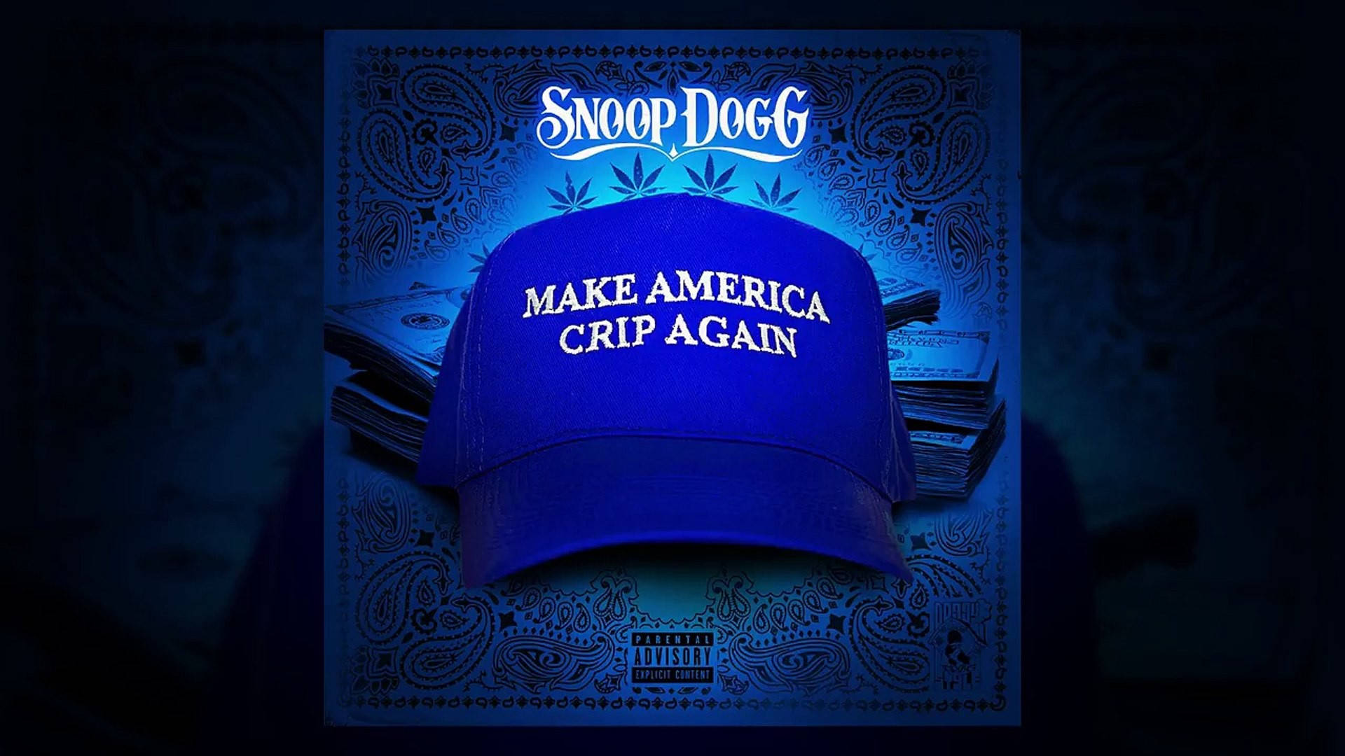 Crip 桌布 壁紙 — 一頂藍色棒球帽，上面有白色文字寫著「MAKE AMERICA CRIP AGAIN」，放在一堆現金上，背景是深藍色佩斯利花紋，並有「SNOOP DOGG」標誌。