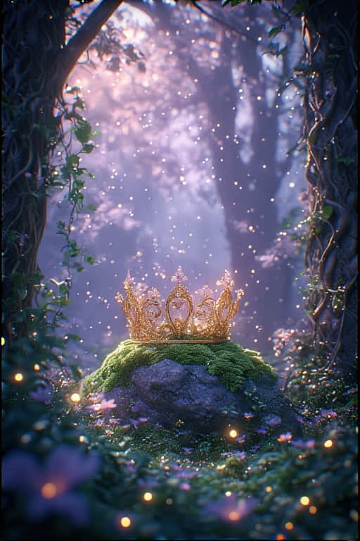Whimsical Disney Inspired Forest with Crown and Fireflies 壁紙 — 一頂金色皇冠擱在神秘森林中一塊長滿青苔的石頭上，沐浴在柔和的紫色光芒和漂浮的閃爍微粒之中。