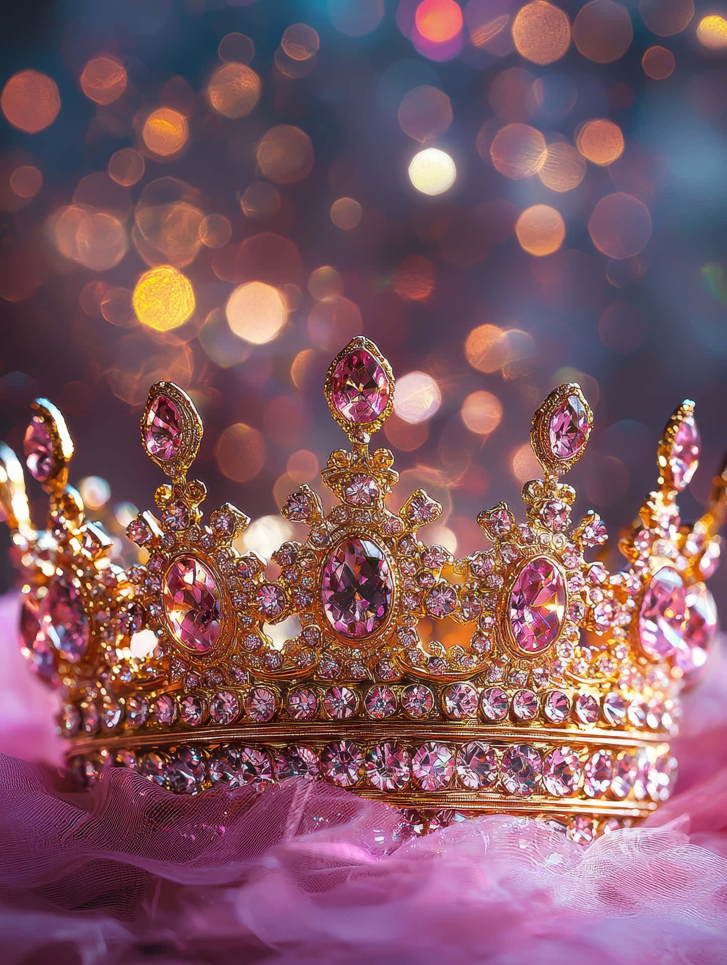 Luxurious Golden Crown with Pink Gemstones and Sparkling Bokeh Lights 壁紙 — 一頂鑲有粉紅色寶石的金色皇冠放在粉紅色薄紗上，背景是閃爍的散景。