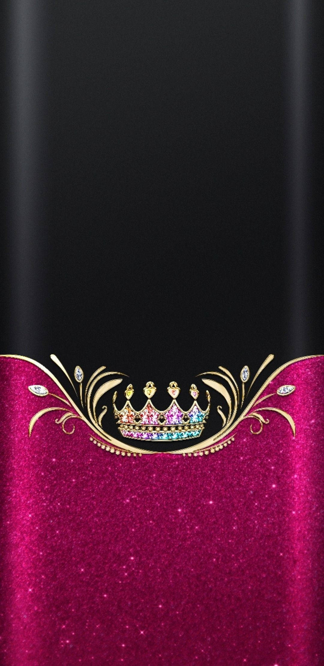 queen girly 桌布 壁紙 — 一頂閃爍的洋紅色皇冠，鑲有彩虹寶石，放在黑色和粉紅色的漸變背景上。