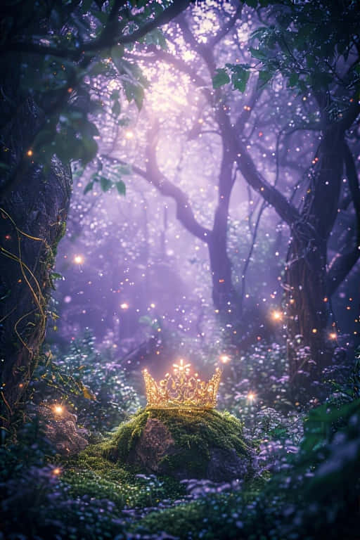 Whimsical Disney Inspired Forest with Crown 壁紙 — 一頂閃閃發光的金色皇冠擱在一塊長滿青苔的石頭上，周圍是神秘的紫色森林，沐浴在空靈的光芒中。