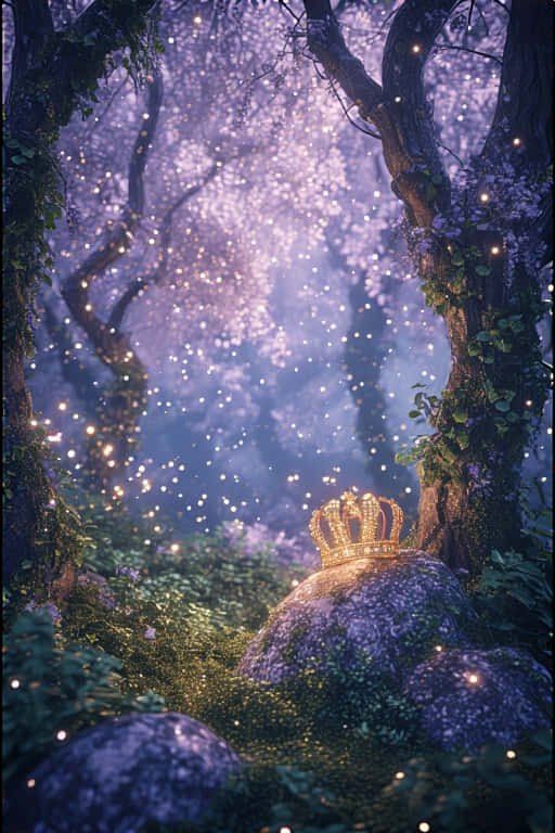 Whimsical Disney Inspired Forest with Crown and Fireflies 壁紙 — 一頂閃閃發光的金色皇冠擱在長滿苔蘚的石頭上，身處一個沐浴在紫色光芒和飄浮螢火蟲中的神秘森林。