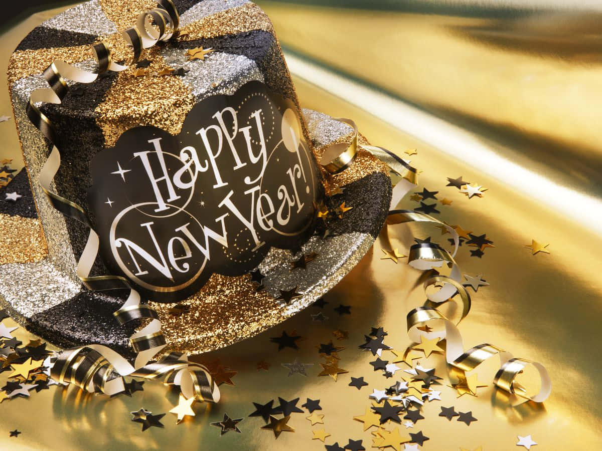 新年 桌布 壁紙 — 一頂閃閃發光的黑色和金色新年帽，上面寫著「Happy New Year!」，放在金色表面上，周圍環繞著星星紙屑和絲帶。