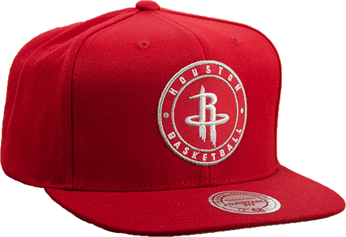 休士頓火箭隊 桌布 壁紙 — 一頂鮮紅色的休士頓火箭隊 snapback 帽，帶有白色刺繡標誌和品牌標籤，背景為溫暖的漸變色。
