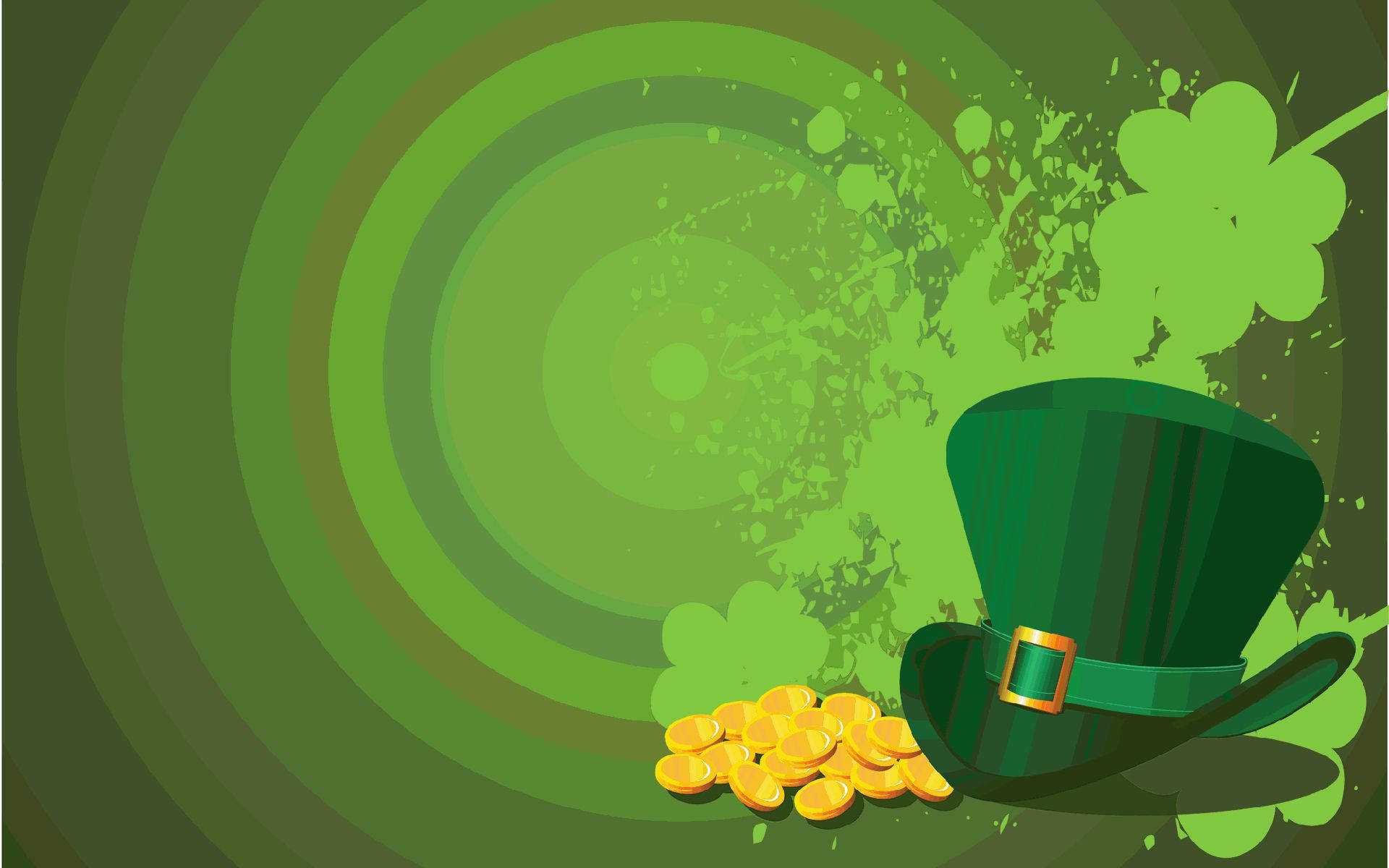 St Patrick's Day 桌布 壁紙 — 一頂鮮綠色的小妖精帽，飾有金幣和三葉草，從旋轉的綠色背景中迸發出來。