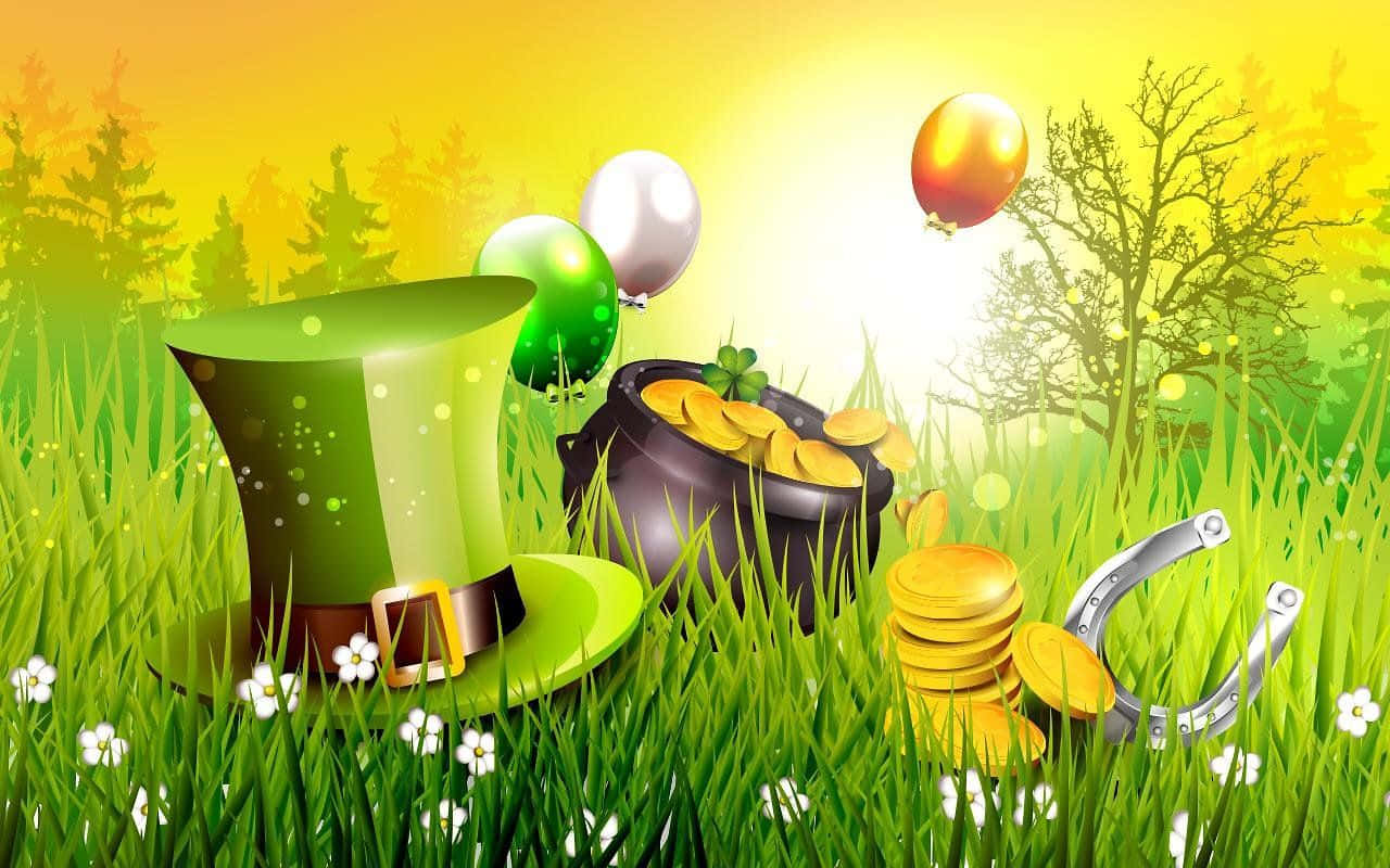 Saint Patricks Day 桌布 壁紙 — 一頂鮮綠色的小妖精帽子和一罐金幣放在陽光明媚的草地上，還有氣球和馬蹄鐵。