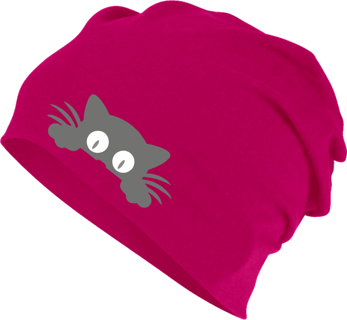 Beanie 桌布 壁紙 — 一頂鮮豔的紫紅色毛帽，側邊有一張調皮的灰色貓臉從黑色背景中探出。