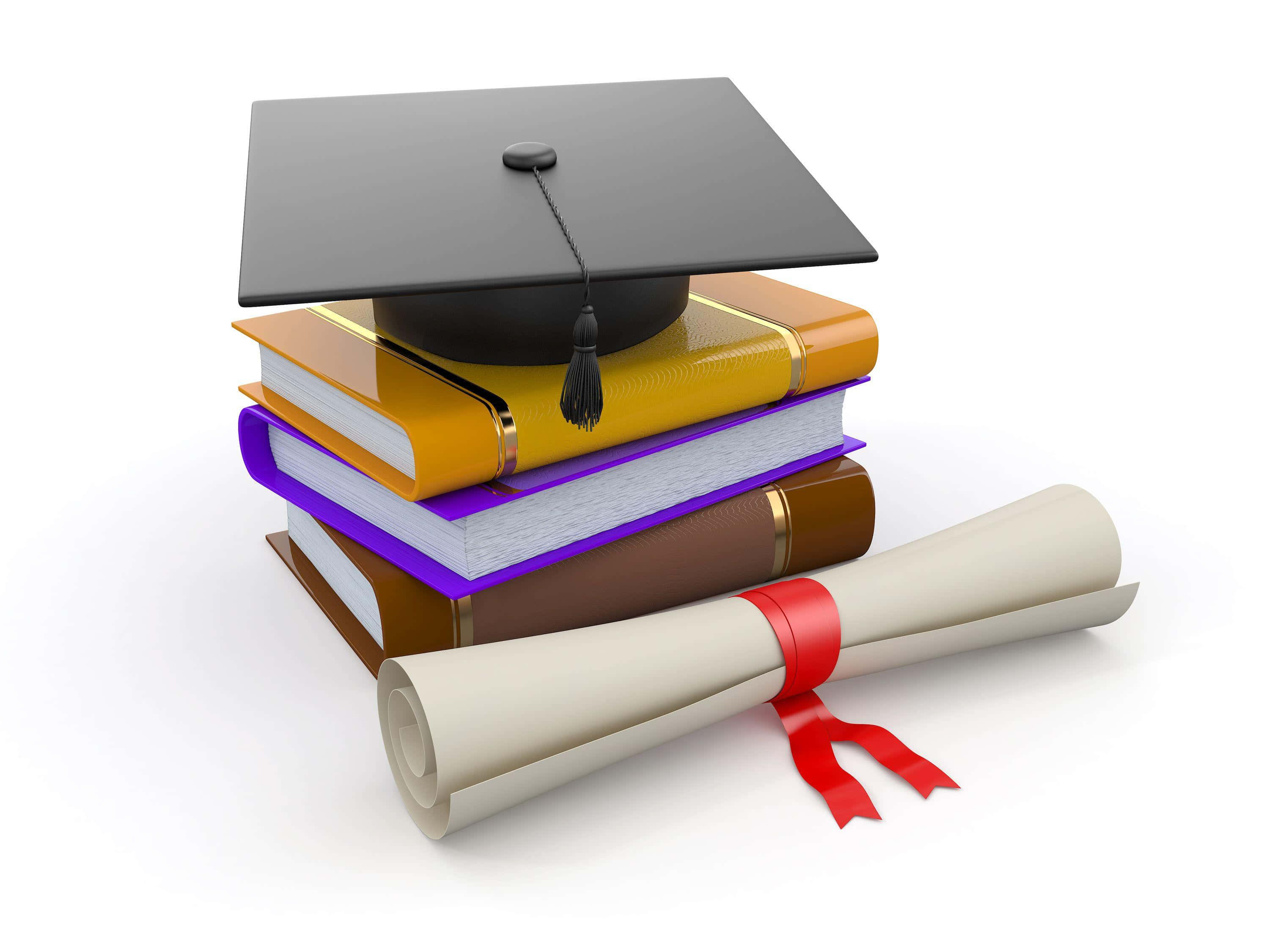Education 桌布 壁紙 — 一頂黑色畢業帽放在一堆色彩繽紛的書本上，旁邊有一個用紅色絲帶綁著的捲起畢業證書。