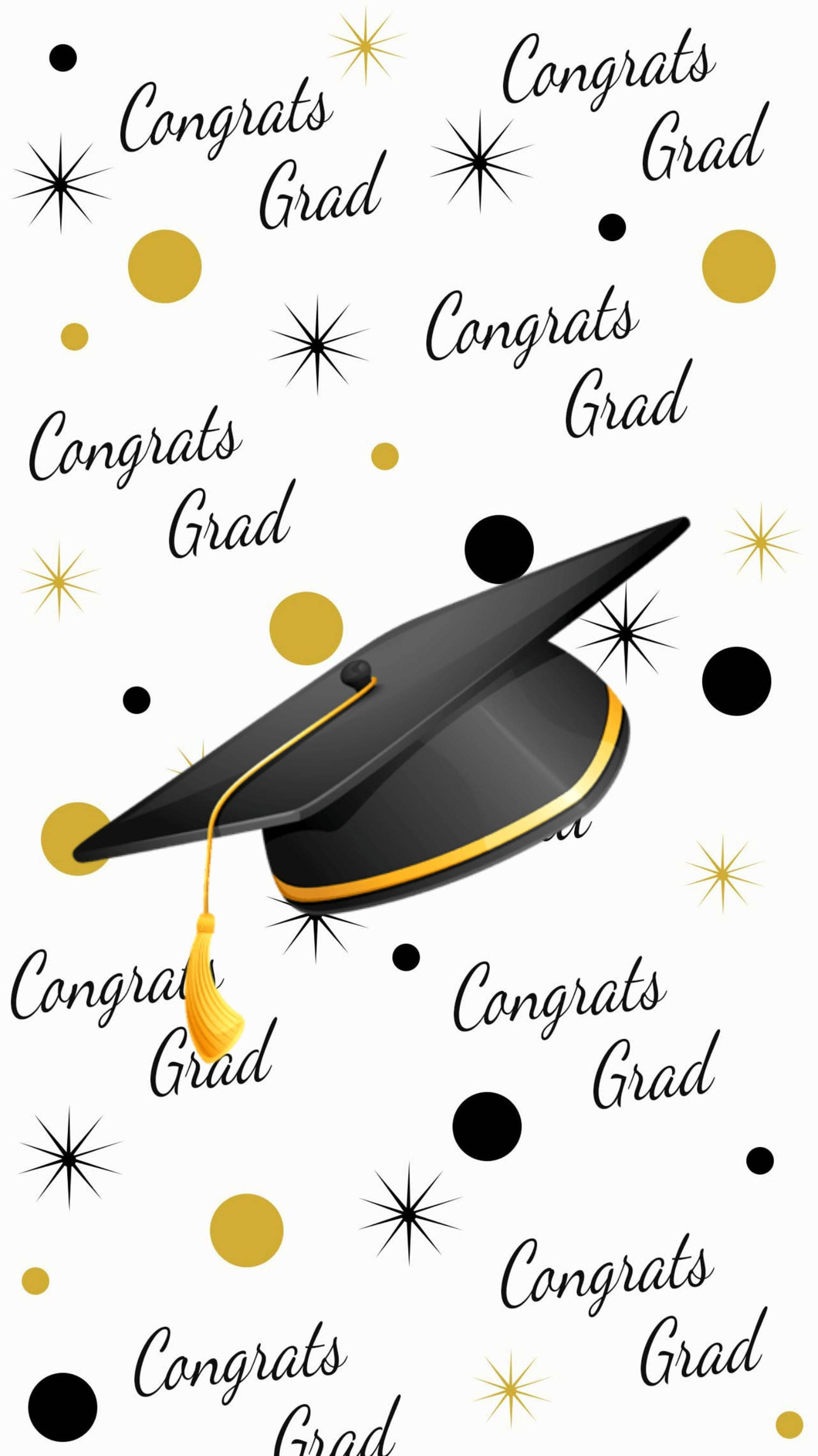 畢業 桌布 壁紙 — 一頂黑色畢業帽配金色流蘇，漂浮在散落的「Congrats Grad」文字和節慶黑金星星紙屑之間。