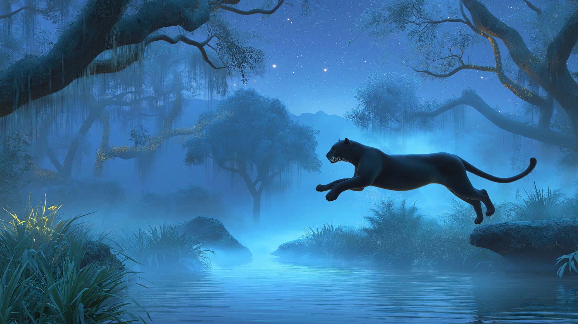 Mythical Panther Leaping Across Enchanted Forest Stream 壁紙 — 一頭優雅的黑豹在星空下，輕盈地躍過霧氣瀰漫、月光照耀的沼澤。